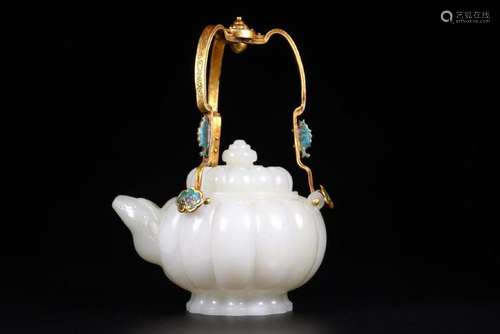 Jade And Cloisonne Enamel  Tea Pot Qianlong Mark