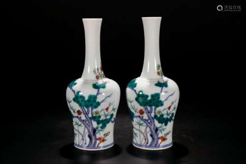Pair Of Famille Verte Mallet Vase With Mark