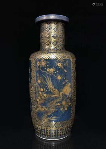 Blue Glazed With Gilt Detail Rouleau Vase