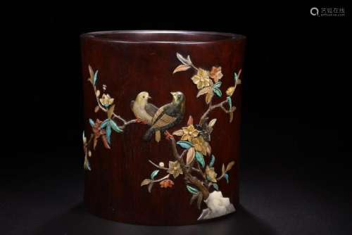 Gem-Inlaid Huanghuali Brush Pot