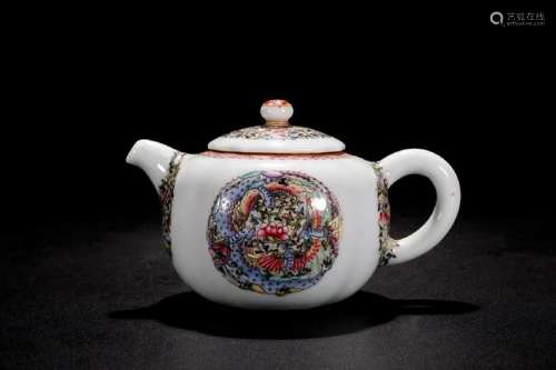 White Glazed Porcelain  Famille Rose Tea Pot With Mark