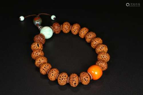 Carved Nut With Coral And Turquoise Bead Bracelet