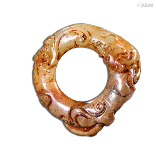 汉代 白玉浮雕双螭龙纹环