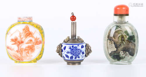 Three Peking Glass, Porcelain, and Silver Snuff Bottle