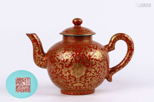 A Chinese Coral-Red Porcelain Tea Pot