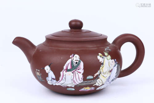 A Chinese Yixing Clay Enamelled Porcelain Tea Pot