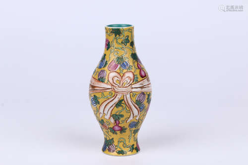 A Chinese Yellow Ground Famille-Rose Porcelain Vase