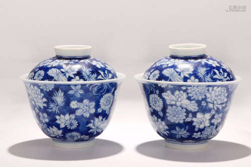 A Pair of Chinese Blue and White Porcelain Bowls With Covers