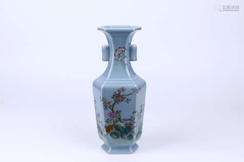 A Chinese Blue Glazed Famille-Rose Porcelain Vase