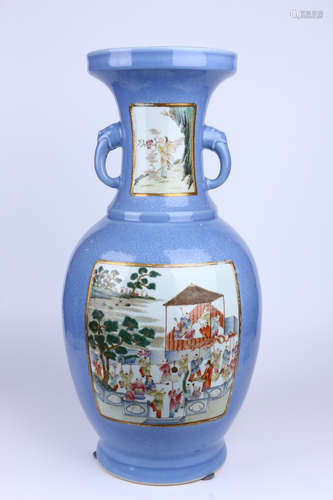 A Chinese Blue Ground Famille-Rose Porcelain Vase