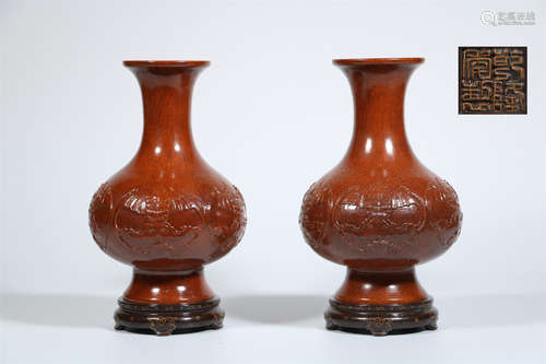 A Pair of Chinese Bamboo Glazed Porcelain Vases