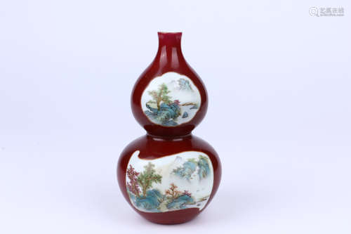 A Chinese Red Glazed Famille-Rosed Porcelain Double Gourd Vase