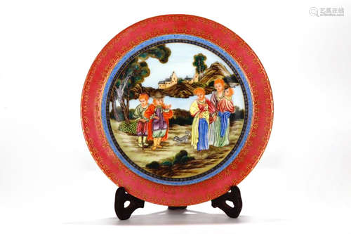 A Chinese Iron-Red Glazed Famille-Rose Porcelain Plate