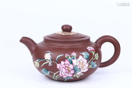 A Chinese Yixing Clay Enamelled Porcelain Tea Pot