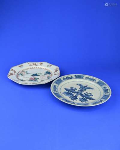 A Chinese Blue and White Porcelain Plate and  A Famille-Rose Porcelain Plate