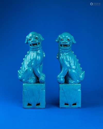 A Pair of Chinese Blue Glazed Porcelain Lions