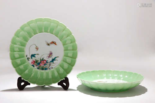 A Pair of Chinese Green Glazed Porcelain Plates