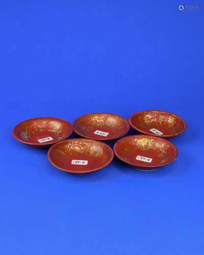 Five Chinese Red Glazed Porcelain Plates