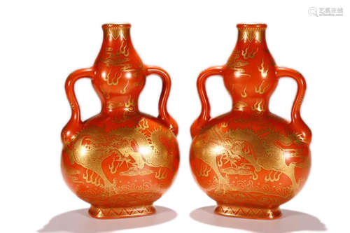 A Pair Chinese Iron-Red Glazed Porcelain Double Gourd Vases