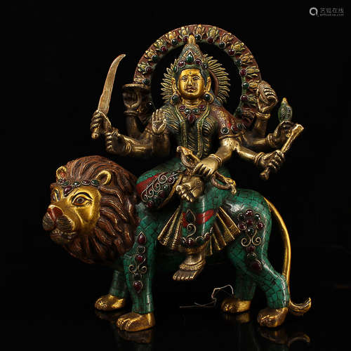 A BRONZE TREASURE INLAID SIX-ARM DIVINE GUARDING