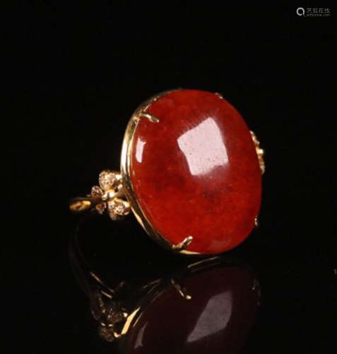 18K Gold Embedded Red Jadeite Ring