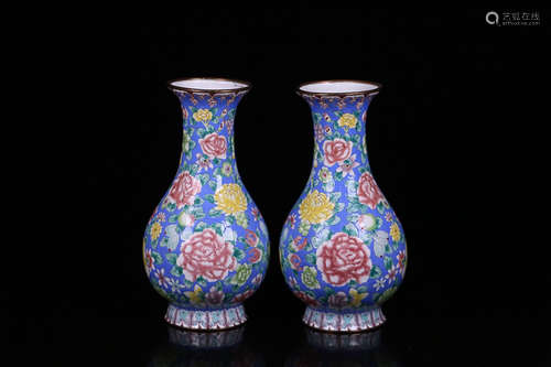 A PAIR OF ENAMELED BRONZE VASES