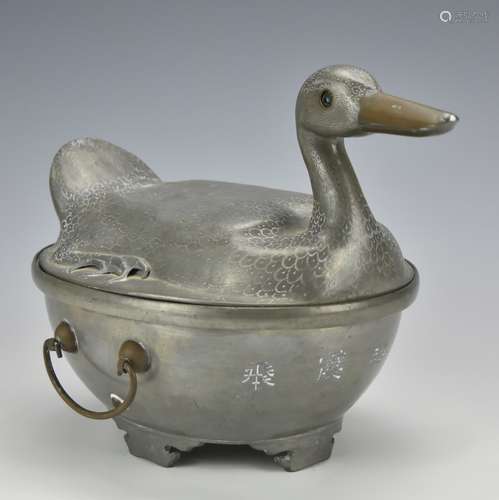 A Chinese Antique Pewter Duck Shaped Box