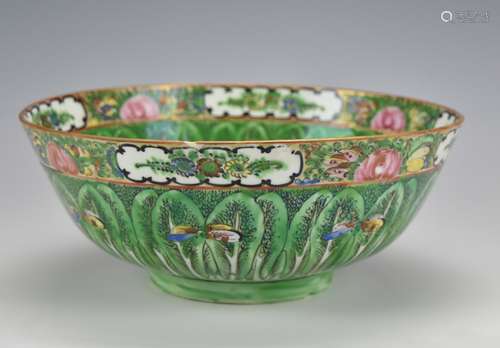 Large Punch Bowl w/ Cabbage & Butterflies,19th C.