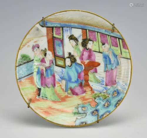 A Small Cantonese Glazed Plate w/ Ladies, 18th C.