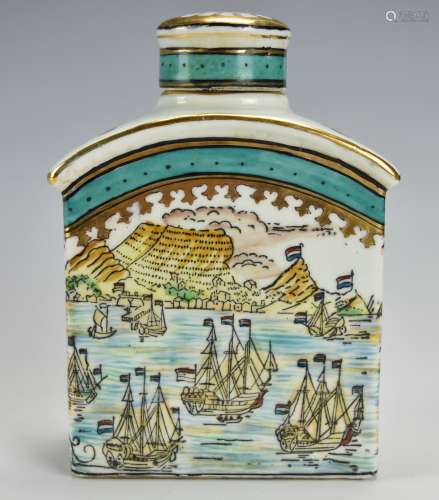 Chinese Porcelain Tea Caddy w/ Dutch Fleet,20th C.