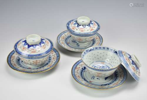 3 Blue & Iron Red Cups,Covers, & Saucers,19th C.