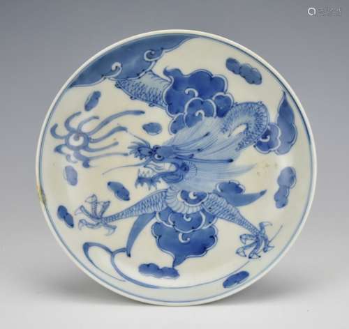 Japanese Blue & White Dragon Plate,19th C.