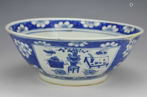 A Large Blue & White Bowl w/ Blossoms.19th C.