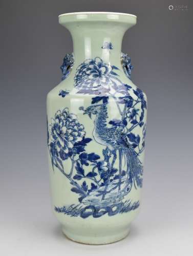 Large Chinese Celadon & Blue Phoenix Vase,19th C.