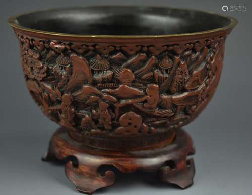 Carved Lacquer Bowl w/ Rural Chinese Landscape