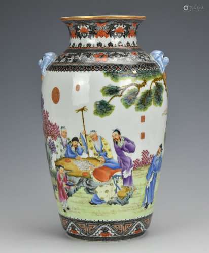 A Famille Rose Vase w/ Scholars & Musicians,ROC P.