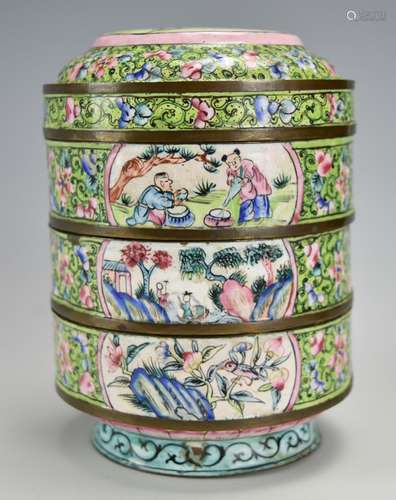 4-Piece Canton Enamel Stacking Box,19th C.