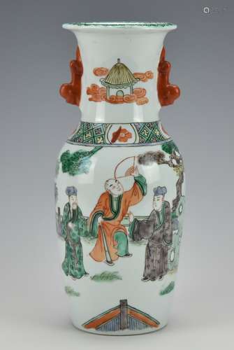 A Famille Verte Vase w/ Garden & Figures, 19th C.