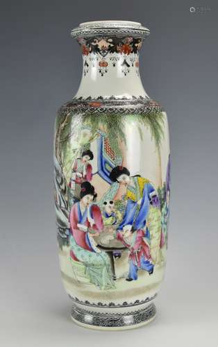 A Cylindrical Famille Vase w/ Women & Kids,1950s