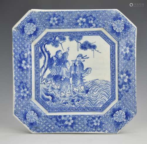 Japanese Blue&White Square Plate w/ Imortal,19th C