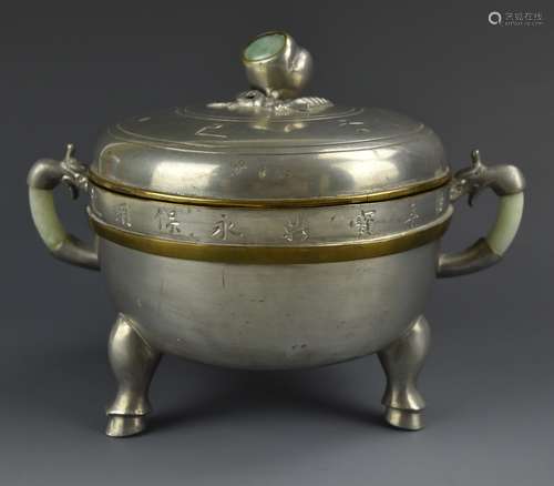 3 Piece Pewter & Jade Tripod Bowl & Cover,19th C.