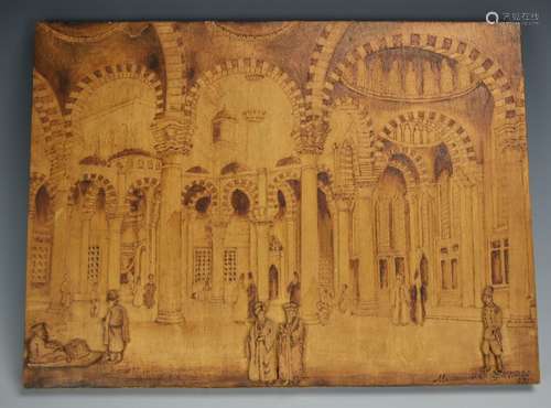 Pyrography Panel w/ Figures at a Temple