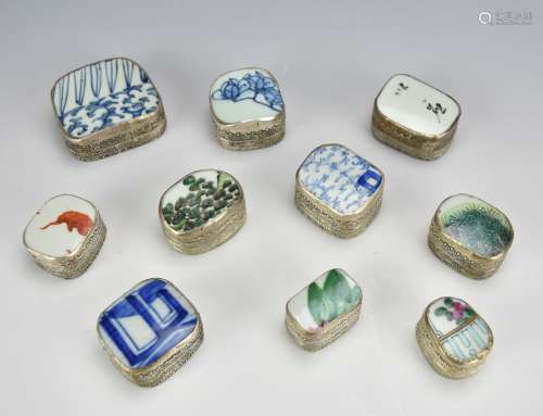 (10) Silver Boxes w/ Porcelain Panels,19/20th C.