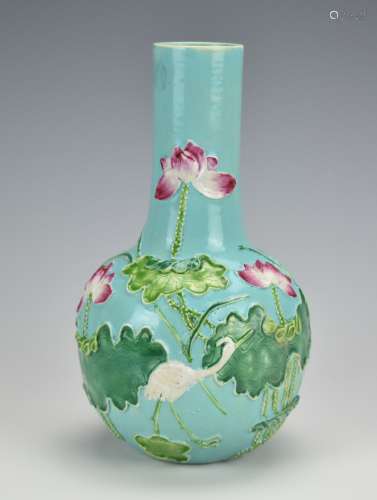 Famille Rose Vase w/ Lotuses & Crane,19th C.