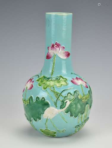 Famille Rose Vase w/ Lotuses & Crane,19th C.