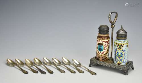 French Ceramic S&P Shakers w/ Holder & Spoons