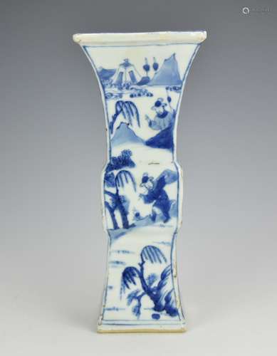 Blue & White Square Gu-Vase w/Battle Scene,17th C.