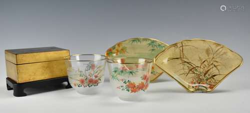 Japanese Glass Cups & Plates w/ Lacquer Box.20th C