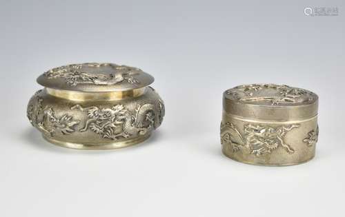 Two Sterling Silver Circular Dragon Boxes,19th C.