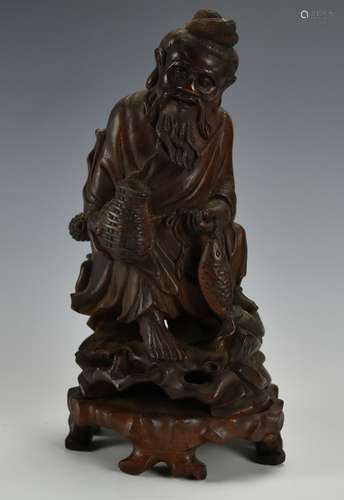 Bamboo Carved Old Man w/ Fish & Basket,19/20th C.